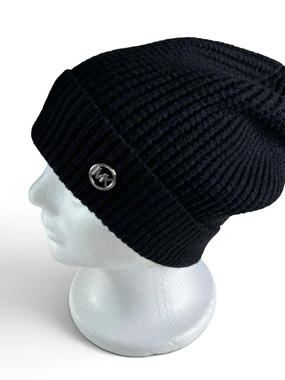 Michael Kors Black Ribbed Knit Slouchy Beanie Silver MK Logo NWOT